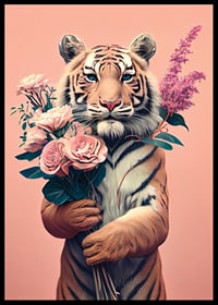 Illustrerad tiger med bukett rosa blommor på rosa bakgrund-6