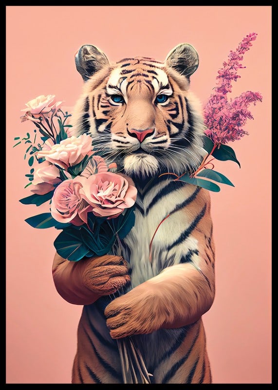 Illustrerad tiger med bukett rosa blommor på rosa bakgrund-12