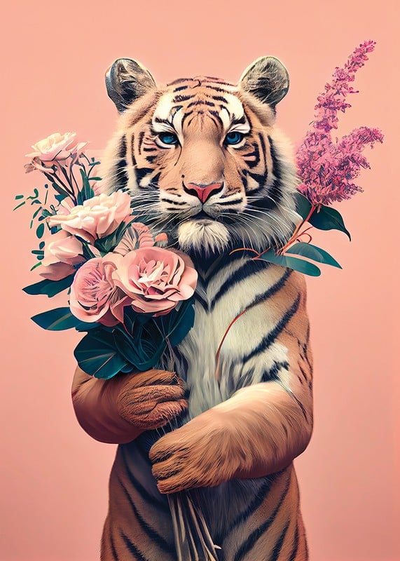 Illustrerad tiger med bukett rosa blommor på rosa bakgrund-12