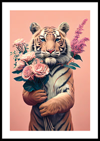 Illustrerad tiger med bukett rosa blommor på rosa bakgrund-0