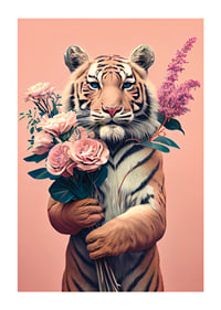 Illustrerad tiger med bukett rosa blommor på rosa bakgrund-1