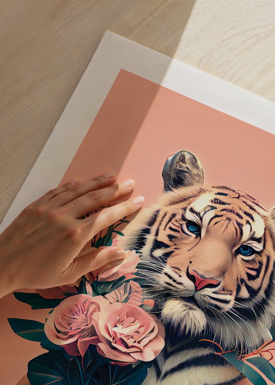 Illustrerad tiger med bukett rosa blommor på rosa bakgrund-12