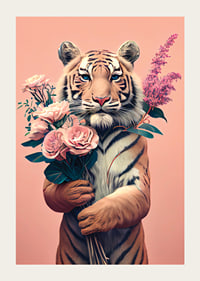 Illustrerad tiger med bukett rosa blommor på rosa bakgrund-3