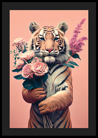 Illustrerad tiger med bukett rosa blommor på rosa bakgrund-4