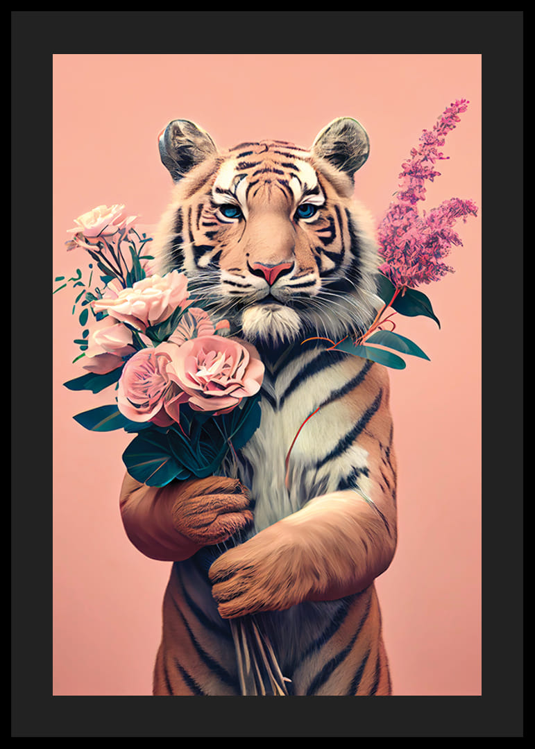 Illustrert tiger med bukett med rosa blomster på rosa bakgrunn-12