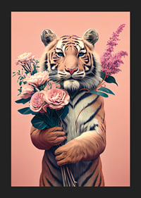 Illustrerad tiger med bukett rosa blommor på rosa bakgrund-5