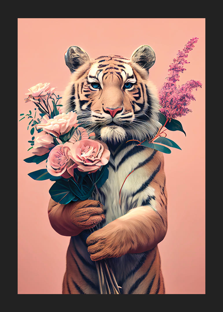 Illustrert tiger med bukett med rosa blomster på rosa bakgrunn-12