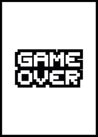 Pixelstijltekst GAME OVER in zwart tegen een witte achtergrond-0