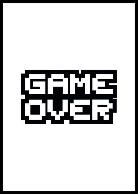 Pixelstijltekst GAME OVER in zwart tegen een witte achtergrond-12