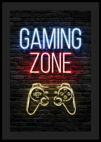 Neon text gaming zone and game control against dark brick background-0
