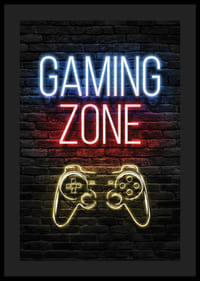 Neon tekst gaming zone en spelbesturing tegen een donkere bakstenen achtergrond-0