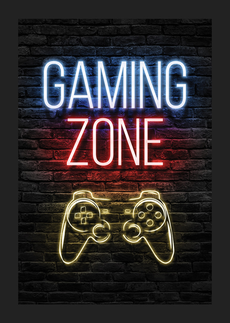 Neon text gaming zone and game control against dark brick background-12