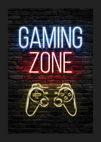 Neon tekst gaming zone en spelbesturing tegen een donkere bakstenen achtergrond-1
