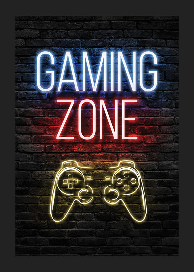 Neon tekst gaming zone en spelbesturing tegen een donkere bakstenen achtergrond-12