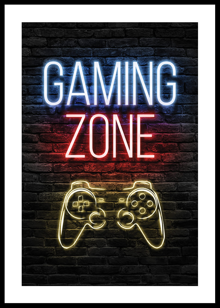 Neon tekst gaming zone en spelbesturing tegen een donkere bakstenen achtergrond-12