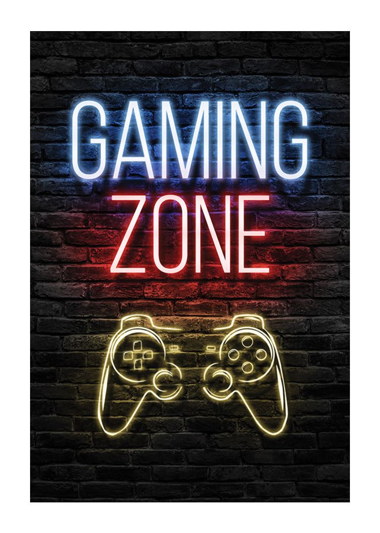 Neon text gaming zone and game control against dark brick background-12