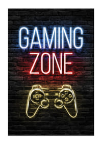 Neon tekst gaming zone en spelbesturing tegen een donkere bakstenen achtergrond-3
