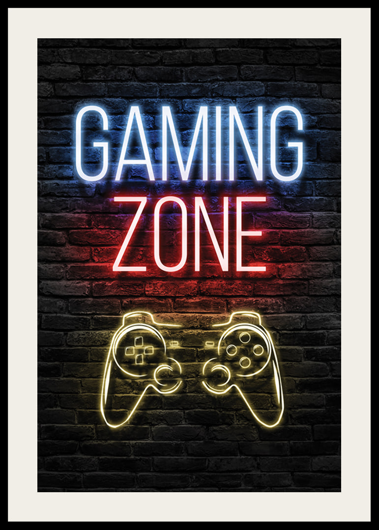 Neon text gaming zone and game control against dark brick background-12