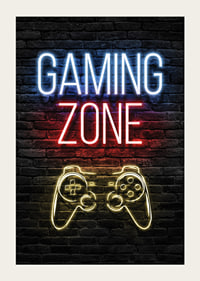Neon text gaming zone and game control against dark brick background-5