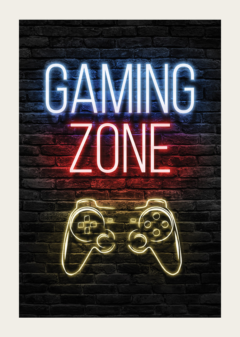 Neon text gaming zone and game control against dark brick background-12