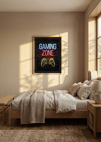 Neon text gaming zone and game control against dark brick background-8