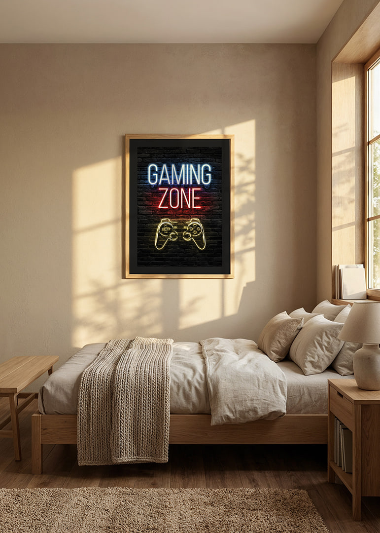 Neon text gaming zone and game control against dark brick background-12