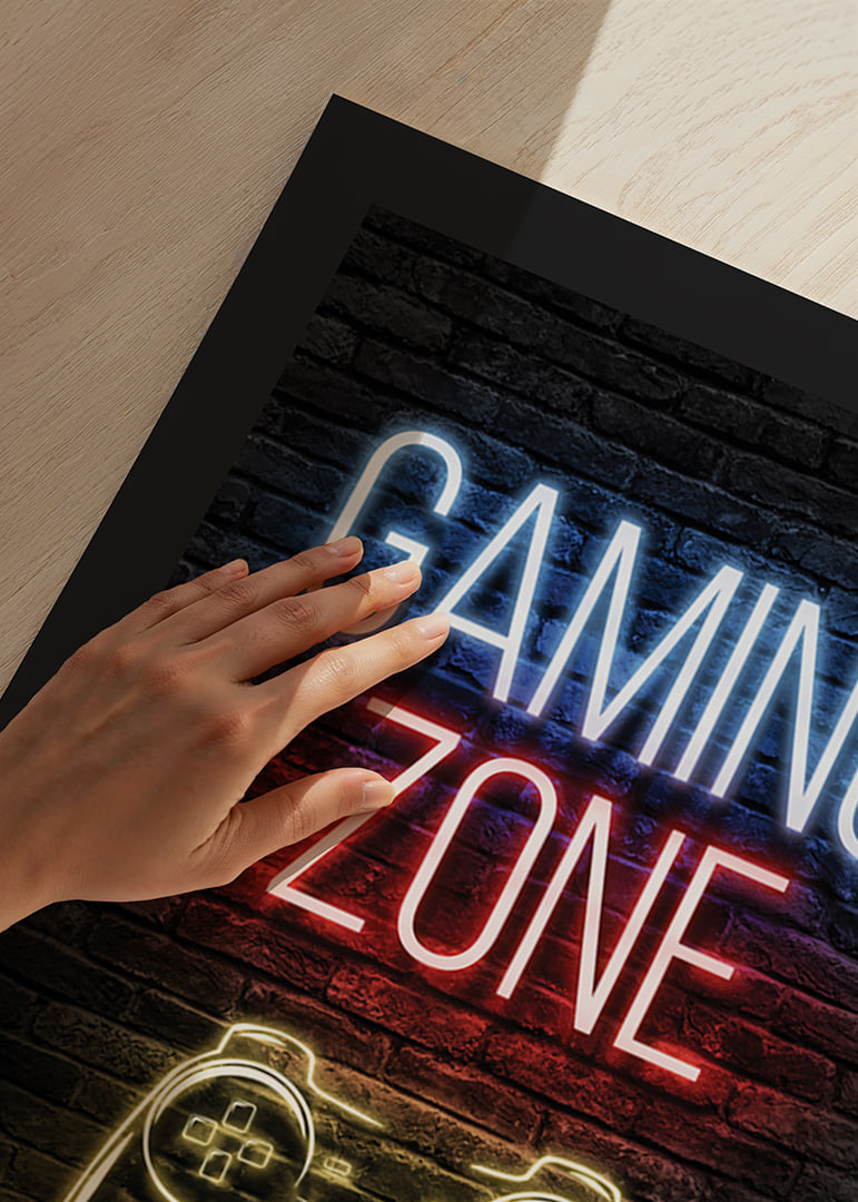 Neon text gaming zone and game control against dark brick background-12