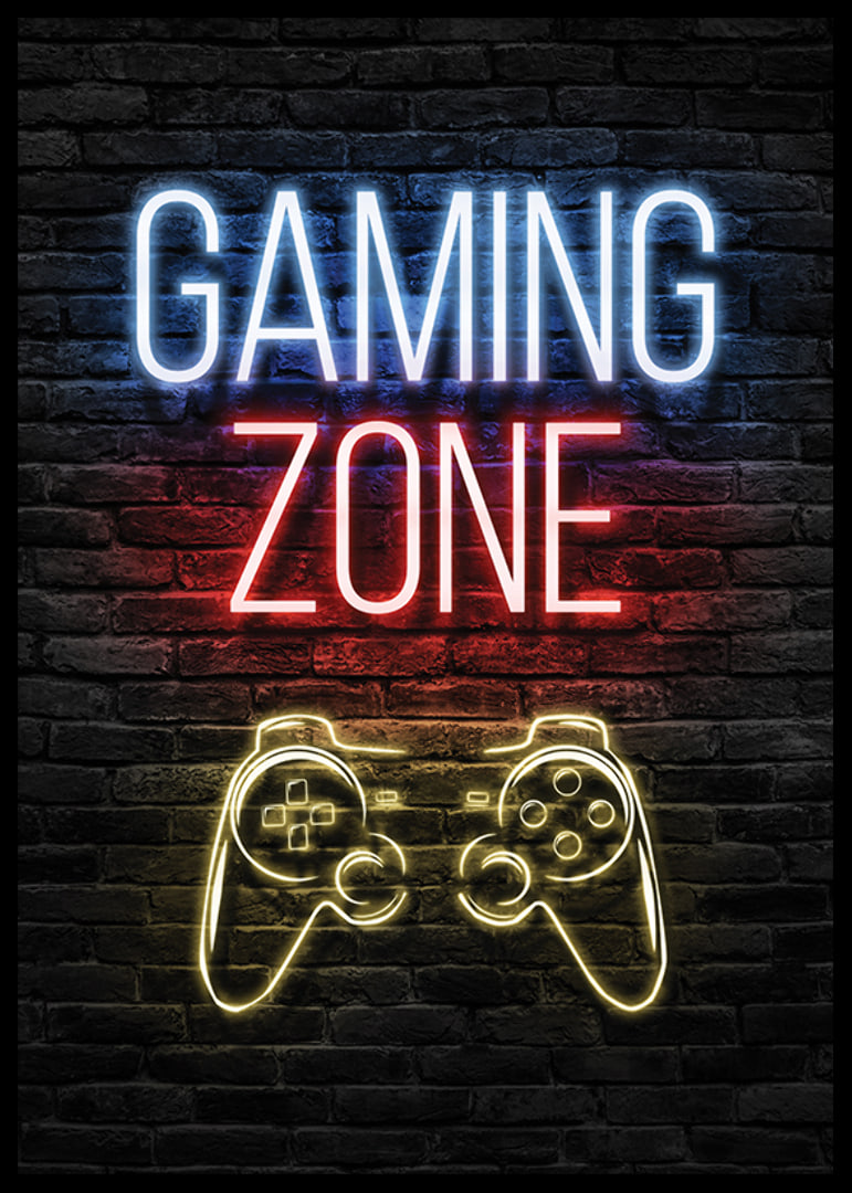 Neon text gaming zone and game control against dark brick background-12