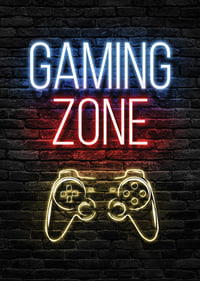 Neon text gaming zone and game control against dark brick background-7