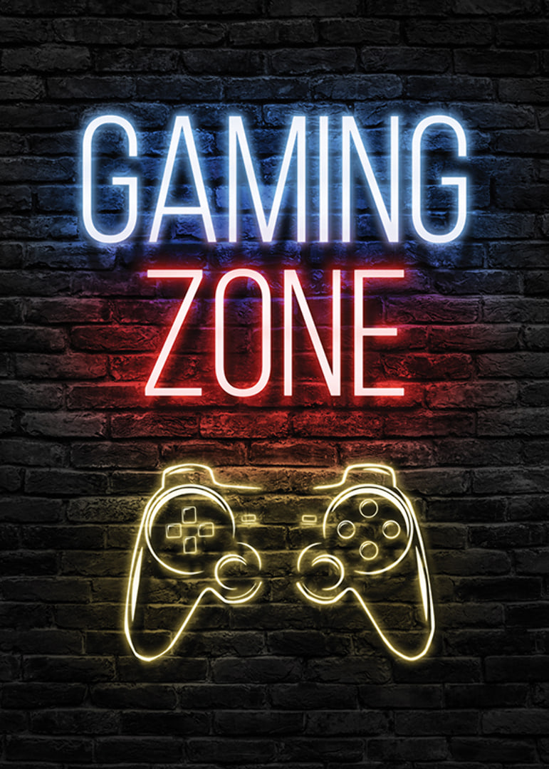 Neon text gaming zone and game control against dark brick background-12