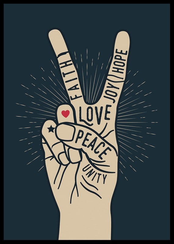 Illustrated hand with victory sign and words like peace, love, faith-12