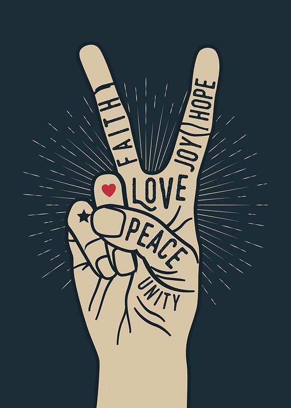 Illustrated hand with victory sign and words like peace, love, faith-12