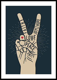 Illustrated hand with victory sign and words like peace, love, faith-0