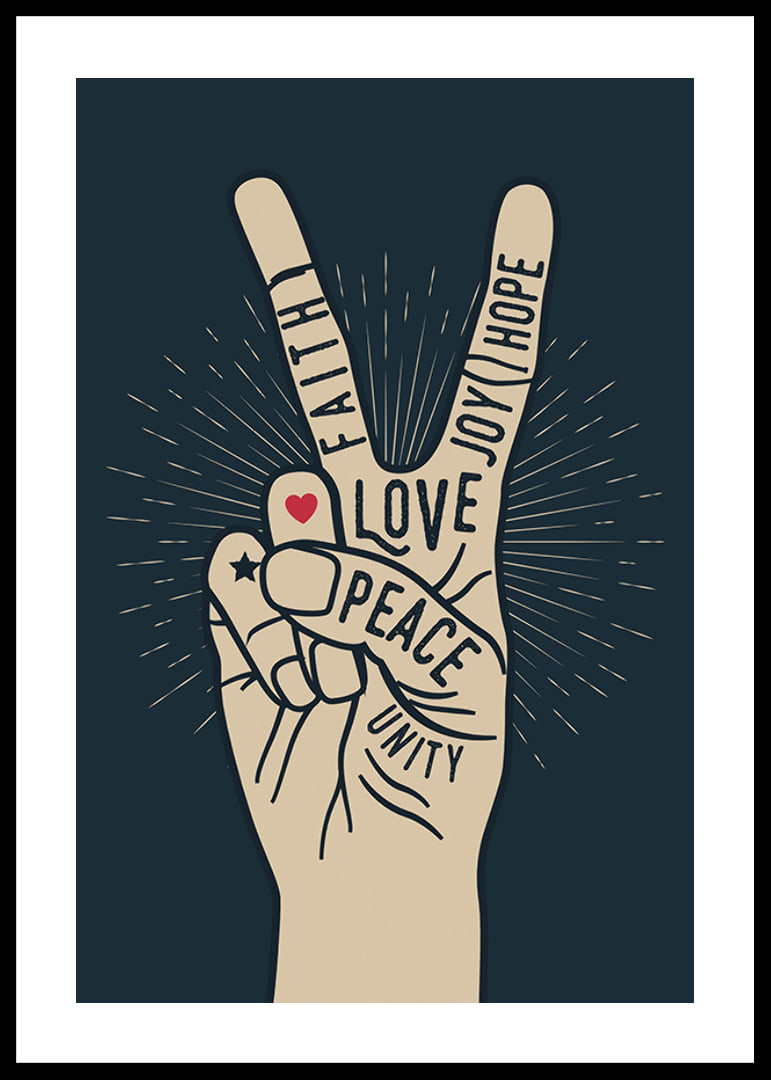 Illustrated hand with victory sign and words like peace, love, faith-12