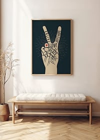 Illustrated hand with victory sign and words like peace, love, faith-8