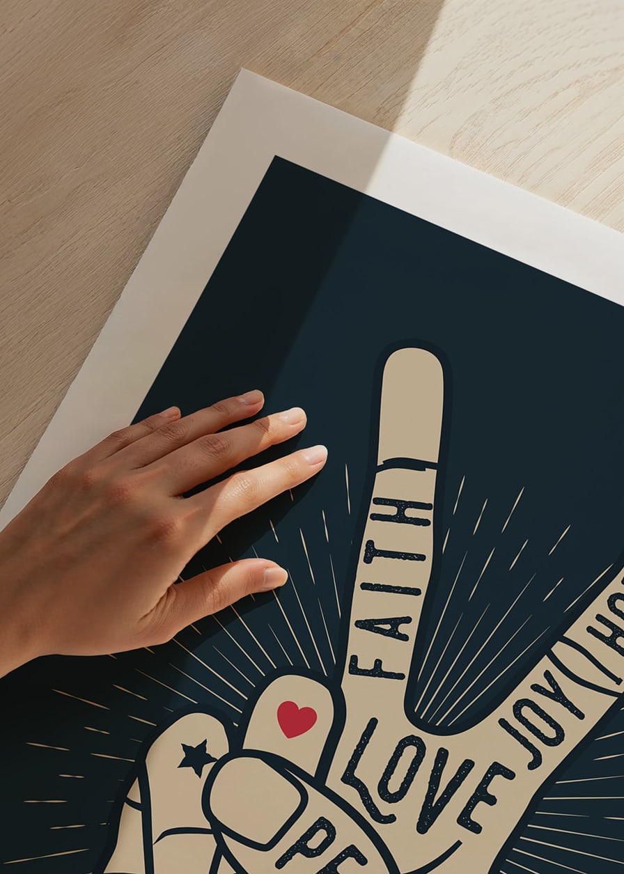 Illustrated hand with victory sign and words like peace, love, faith-12