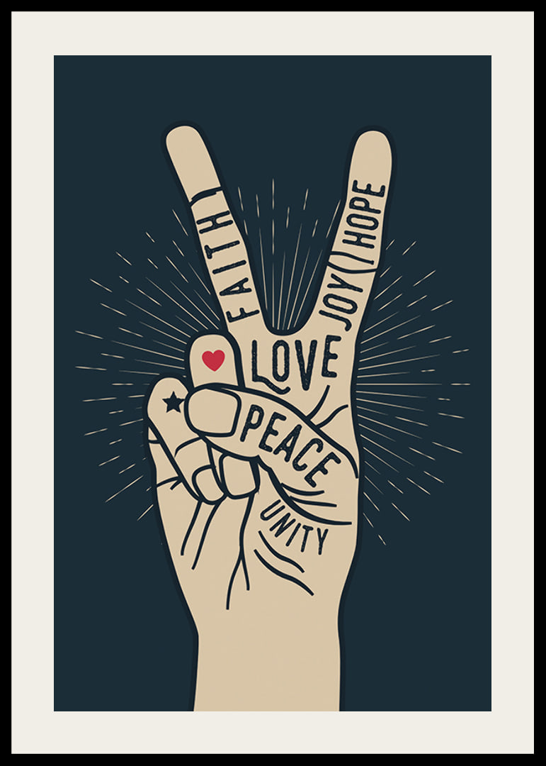 Illustrated hand with victory sign and words like peace, love, faith-12