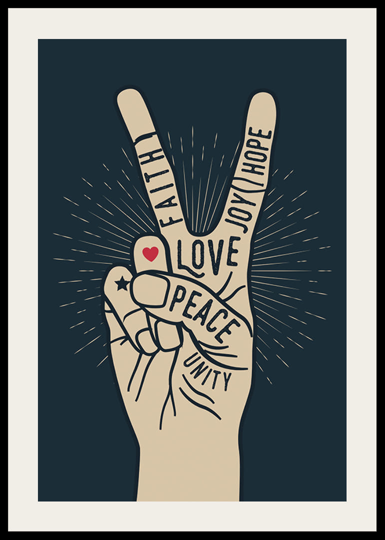 Mão ilustrada com sinal de vitória e palavras como paz, amor e fé-12