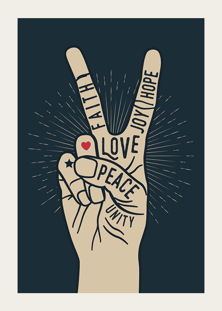 Mão ilustrada com sinal de vitória e palavras como paz, amor e fé-12