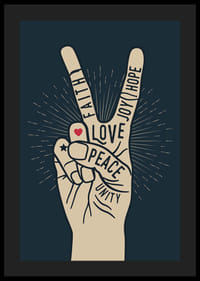 Mão ilustrada com sinal de vitória e palavras como paz, amor e fé-4