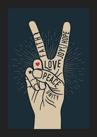 Mão ilustrada com sinal de vitória e palavras como paz, amor e fé-5