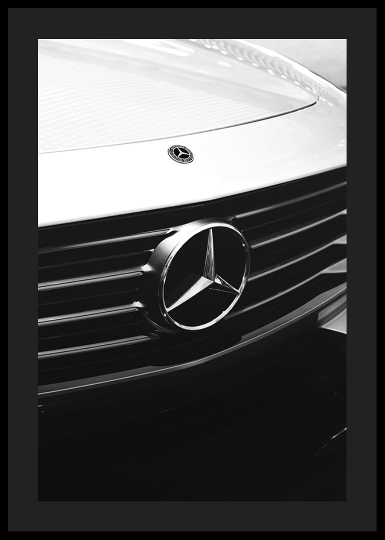 Black and white close-up of Mercedes grille with emblem in focus-12
