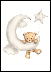 Illustrated teddy bear on crescent moon with star balloon in soft colors-6
