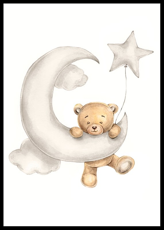 Illustrated teddy bear on crescent moon with star balloon in soft colors-12