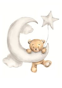 Illustrated teddy bear on crescent moon with star balloon in soft colors-7