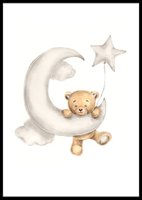Illustrated teddy bear on crescent moon with star balloon in soft colors-0