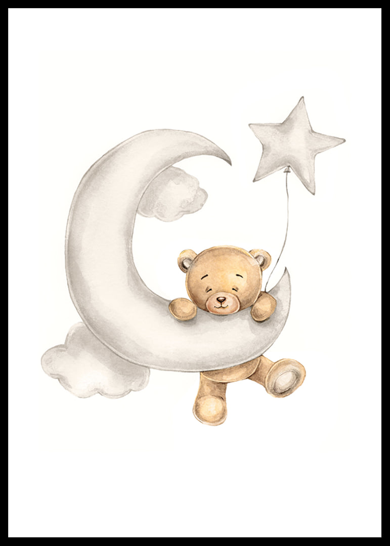 Illustrated teddy bear on crescent moon with star balloon in soft colors-12