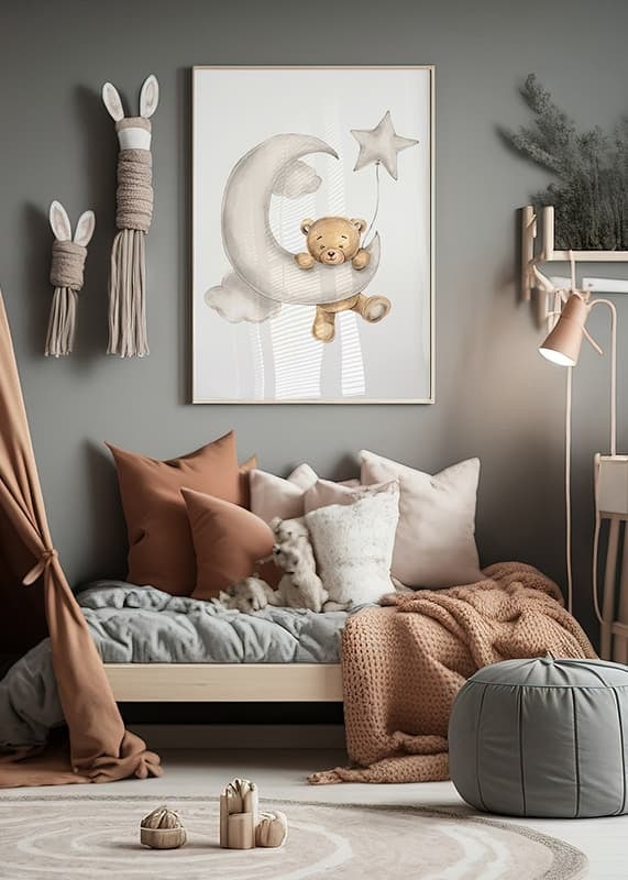 Illustrated teddy bear on crescent moon with star balloon in soft colors-12