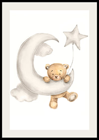 Illustrated teddy bear on crescent moon with star balloon in soft colors-2