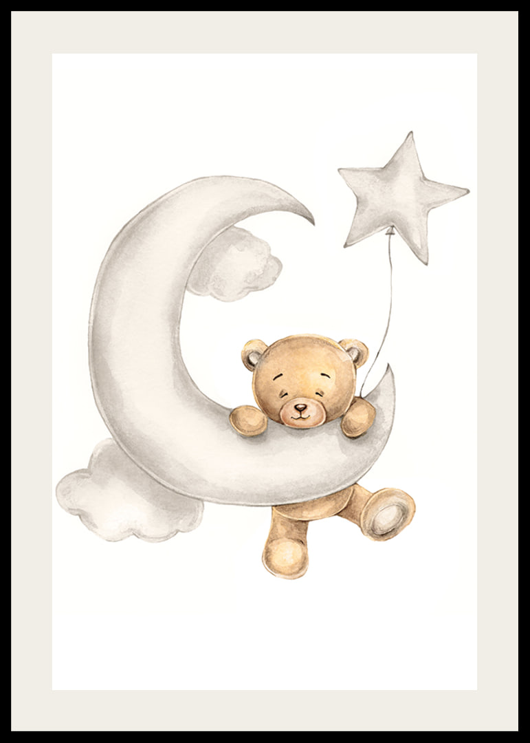 Illustrated teddy bear on crescent moon with star balloon in soft colors-12